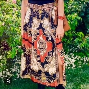 Zara chain print pleated midi skirt w slit and belt